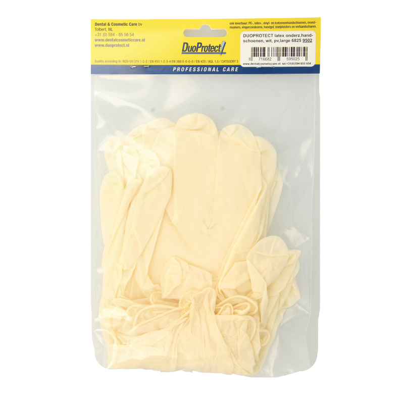 Pair of large Duoprotect latex powder-free medical gloves, 10-piece pack, designed for healthcare protection and hygiene.
