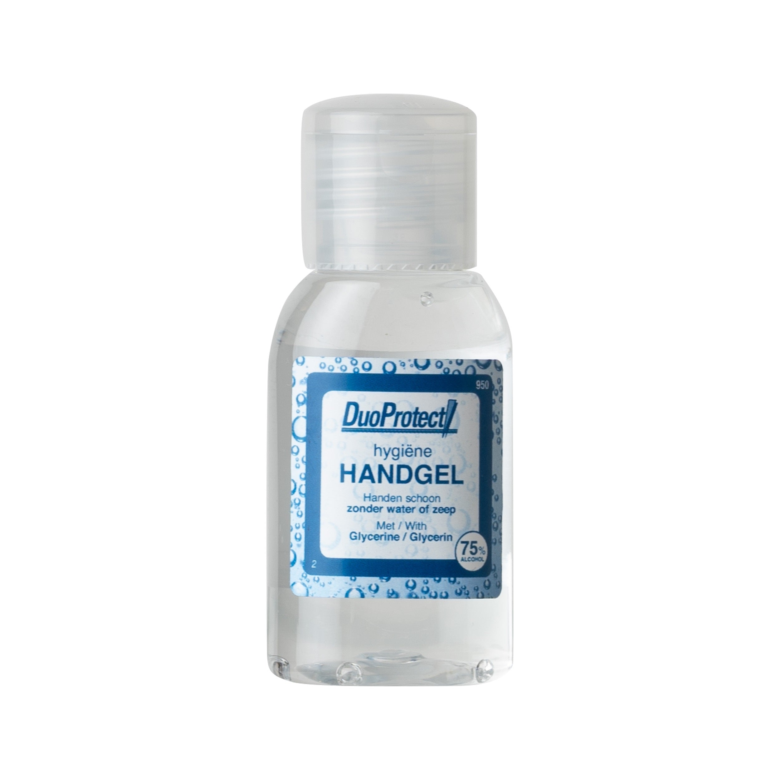 Duoprotect Handgel bottle, 50ml, hand care product with clear label and flip-top cap for moisturizing and sanitizing hands.