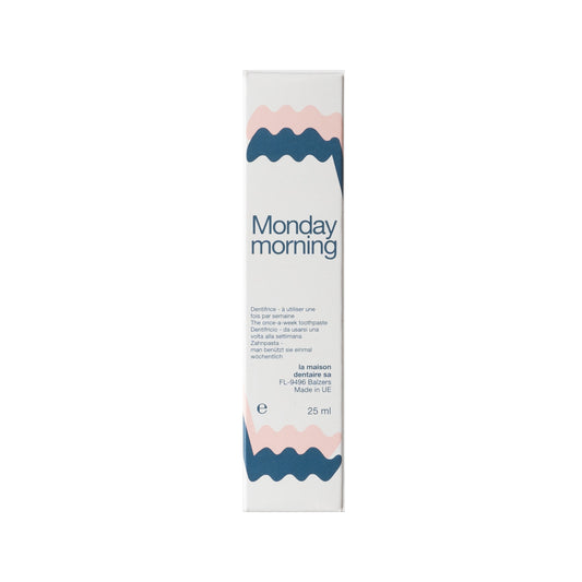 Monday Morning Tandpasta 25ml tube showing the toothpaste with branding and a clean, minimalist packaging design.