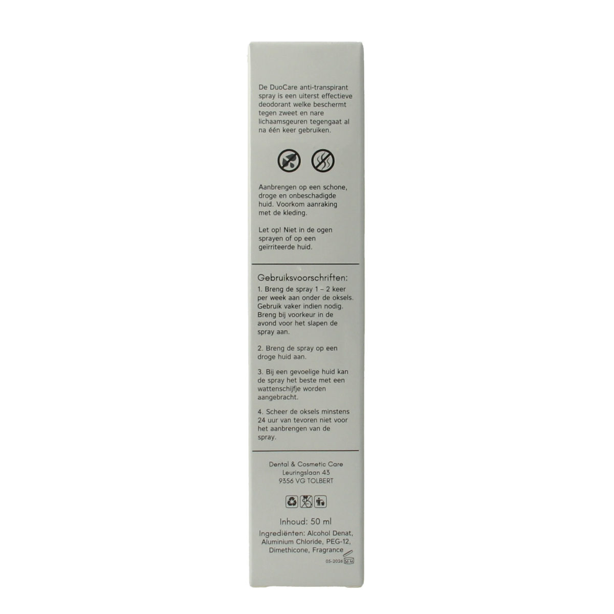 Duocare Anti Transpirant Spray Extra Sterk 50ml deodorant bottle with spray nozzle, designed to reduce sweat and odor.