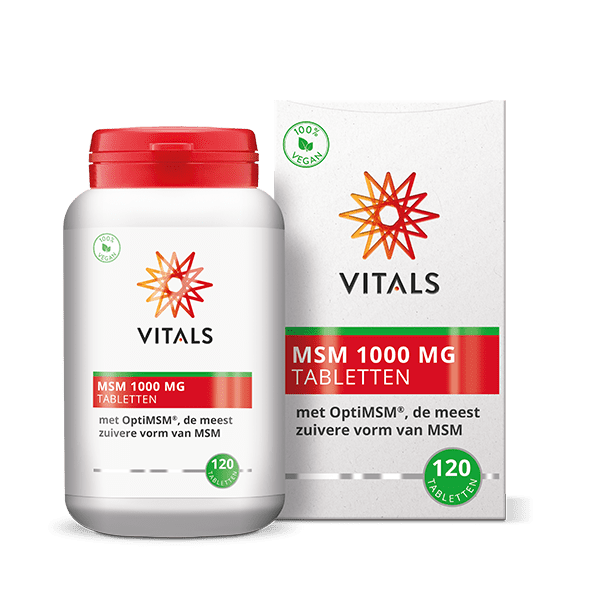 Vitals MSM 1000mg mineral supplement tablets, showing a blister pack of 120 Vitals MSM tablets for joint and skin health.