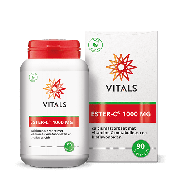 Vitals Ester C 1000mg vitamin tablets, 90-count, showing the supplement bottle with tablets and label details.