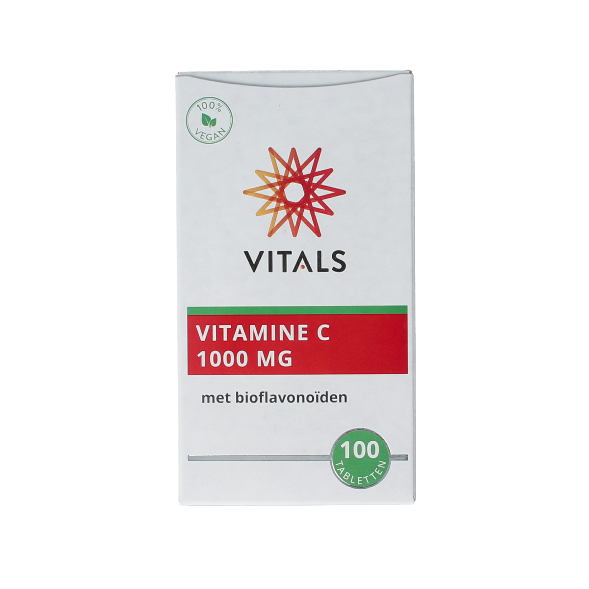 Vitals Vitamin C 1000mg tablets, bottle of 100, showing white tablets and packaging with brand label.