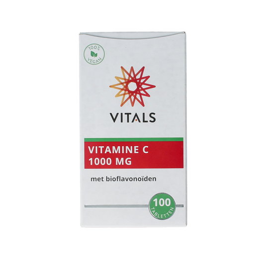 Vitals Vitamin C 1000mg tablets, bottle of 100, showing white tablets and packaging with brand label.