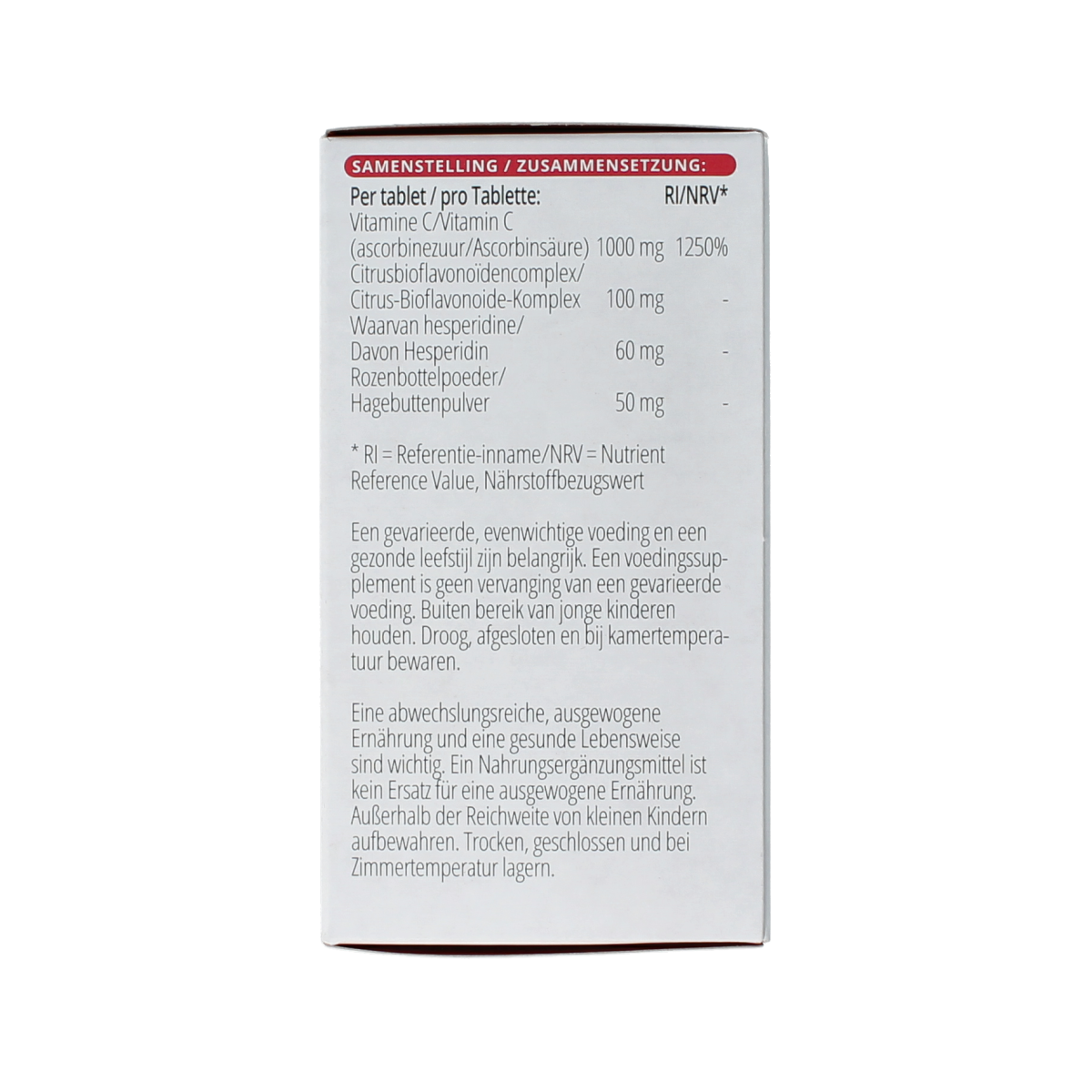 Vital C 1000mg Vitamin tablets by Vitals, showing a bottle of 100 vitamin C supplements with white tablets in a clear container.