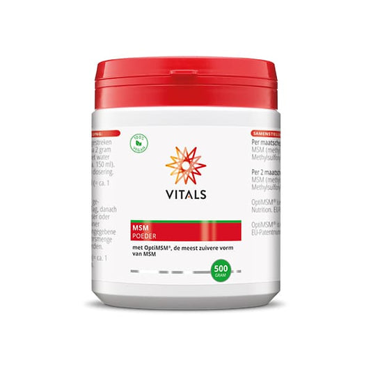 Vitals MSM mineral powder in a 500g package, showing the white powdered supplement with branding details.