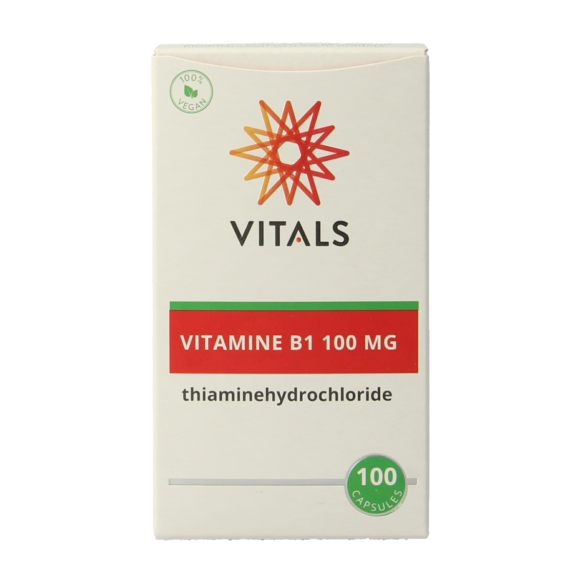 Vitamins B1 Thiamine 100mg capsules by Vitals, close-up of the bottle with 100 capsules inside.