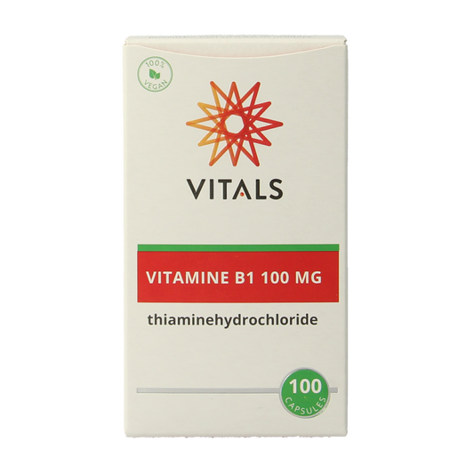 Vitamins B1 Thiamine 100mg capsules by Vitals, close-up of the bottle with 100 capsules inside.