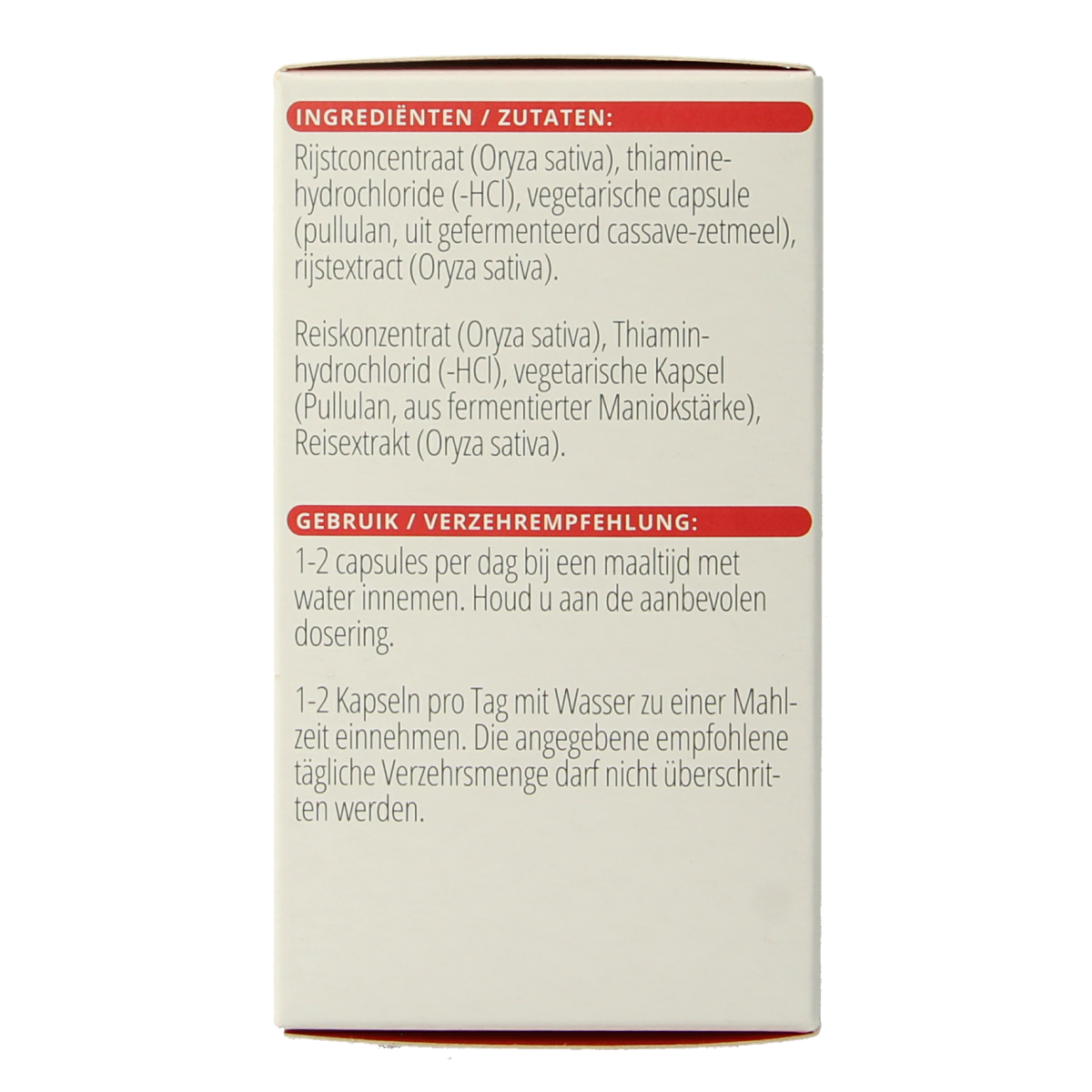 Vitals Vitamine B1 Thiamine 100mg capsules, close-up of the bottle with capsules inside, natural light highlighting the product.