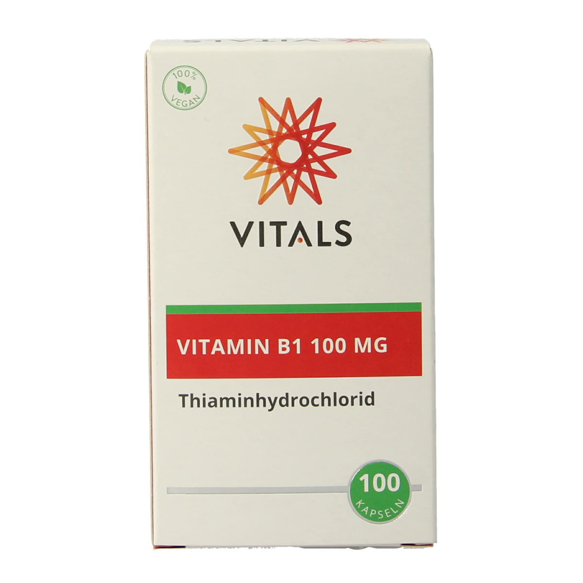 Vitals Vitamin B1 Thiamine 100mg capsules, close-up of the bottle with 100 capsules inside.