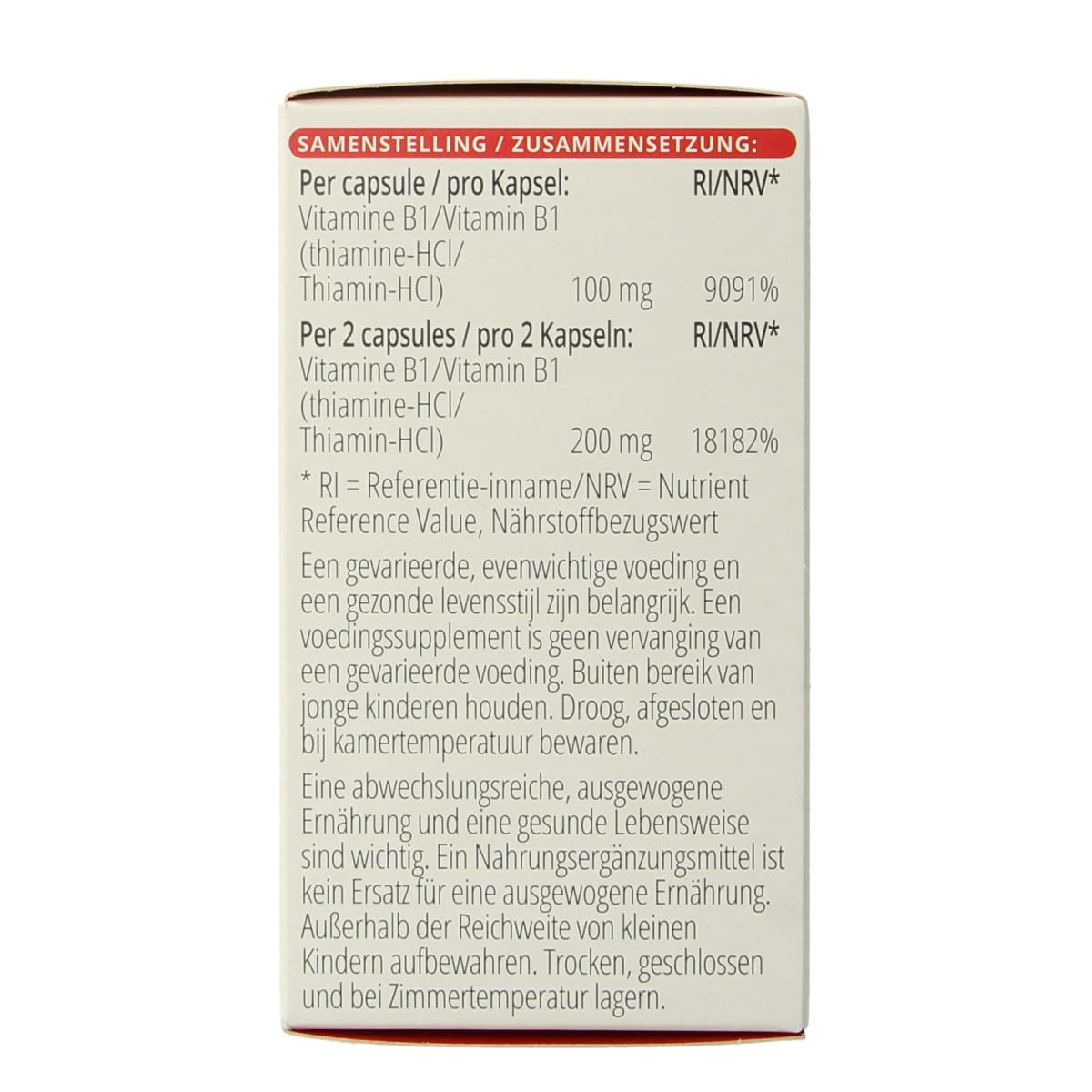 Vitamins B1 thiamine capsules by Vitals, 100mg, 100-count, dietary supplement in a clear bottle with capsules visible inside.