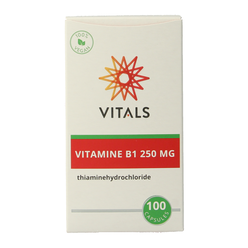 Vitals Vitamine B1 Thiamine 250mg supplement in 100 capsules, a dietary vitamin B1 product for energy support.