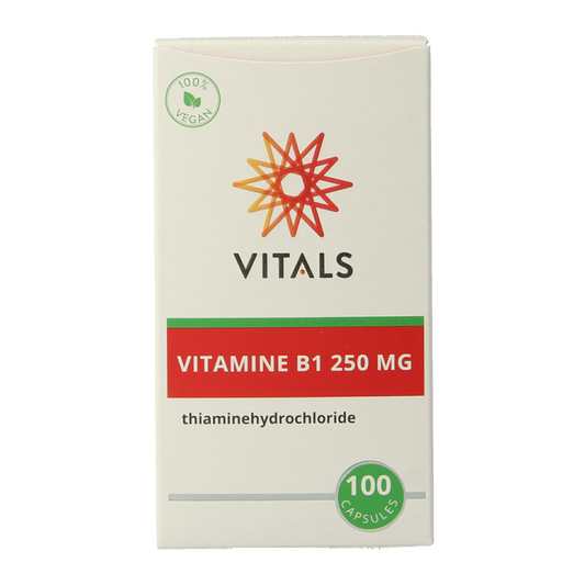 Vitals Vitamine B1 Thiamine 250mg supplement in 100 capsules, a dietary vitamin B1 product for energy support.