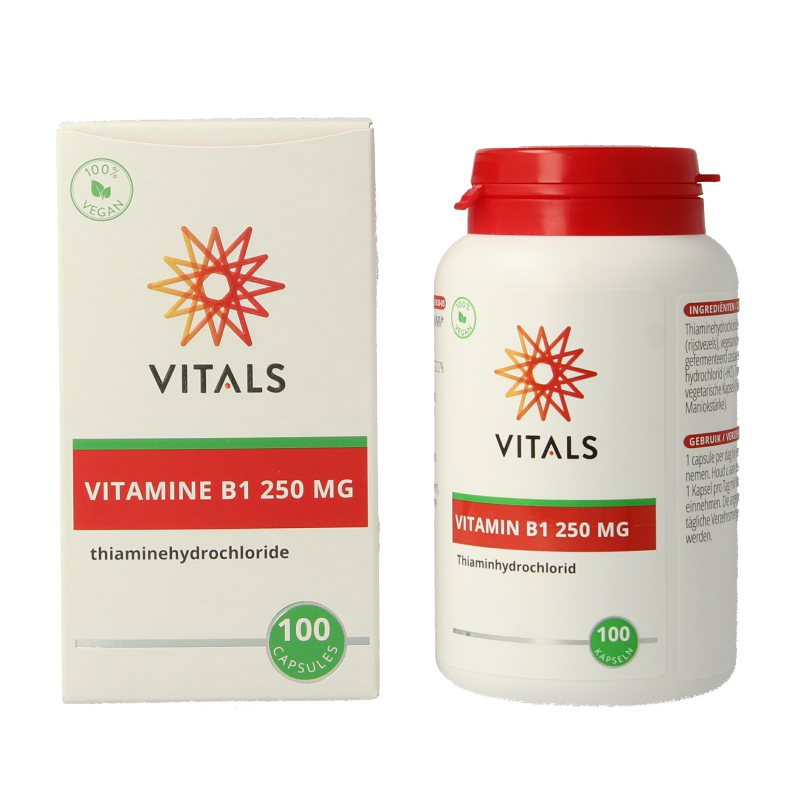Vitals Vitamine B1 Thiamine 250mg capsules, dietary supplement in a clear bottle with 100 capsules.