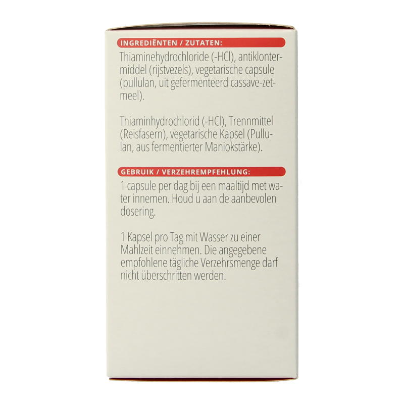 Vitals Vitamine B1 Thiamine 250mg capsules, close-up of 100 capsules in a bottle, supplement for energy and nerve health.