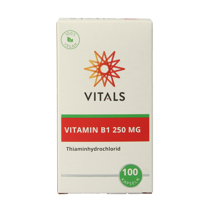 Vitals Vitamin B1 Thiamine 250mg capsules, 100-count bottle, dietary supplement for energy and nerve health.