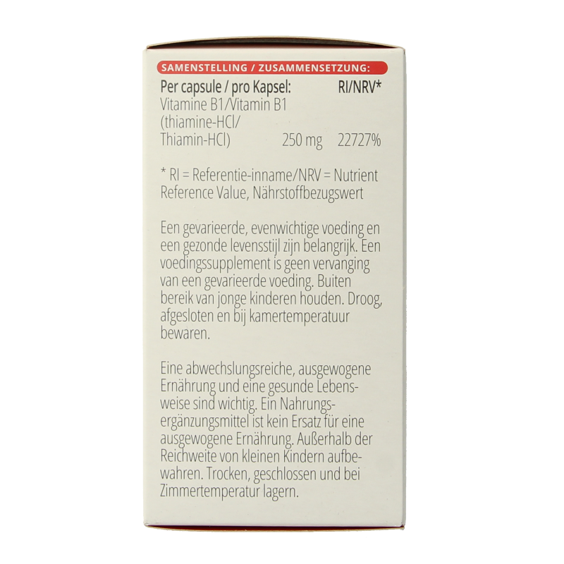 Vitals Vitamine B1 Thiamine 250mg capsules in a bottle, displaying 100 capsules for supporting energy metabolism.
