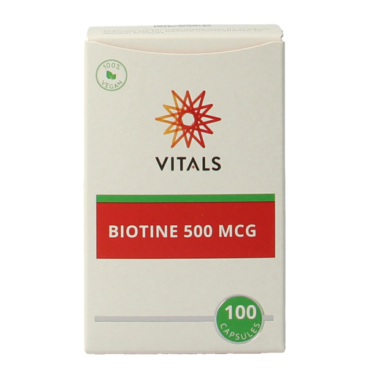 Vitals Biotine 500 mcg vitamin capsules, close-up of a bottle with 100 capsules, showing the product label.