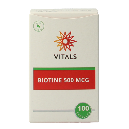 Vitals Biotine 500 mcg vitamin capsules, close-up of a bottle with 100 capsules, showing the product label.