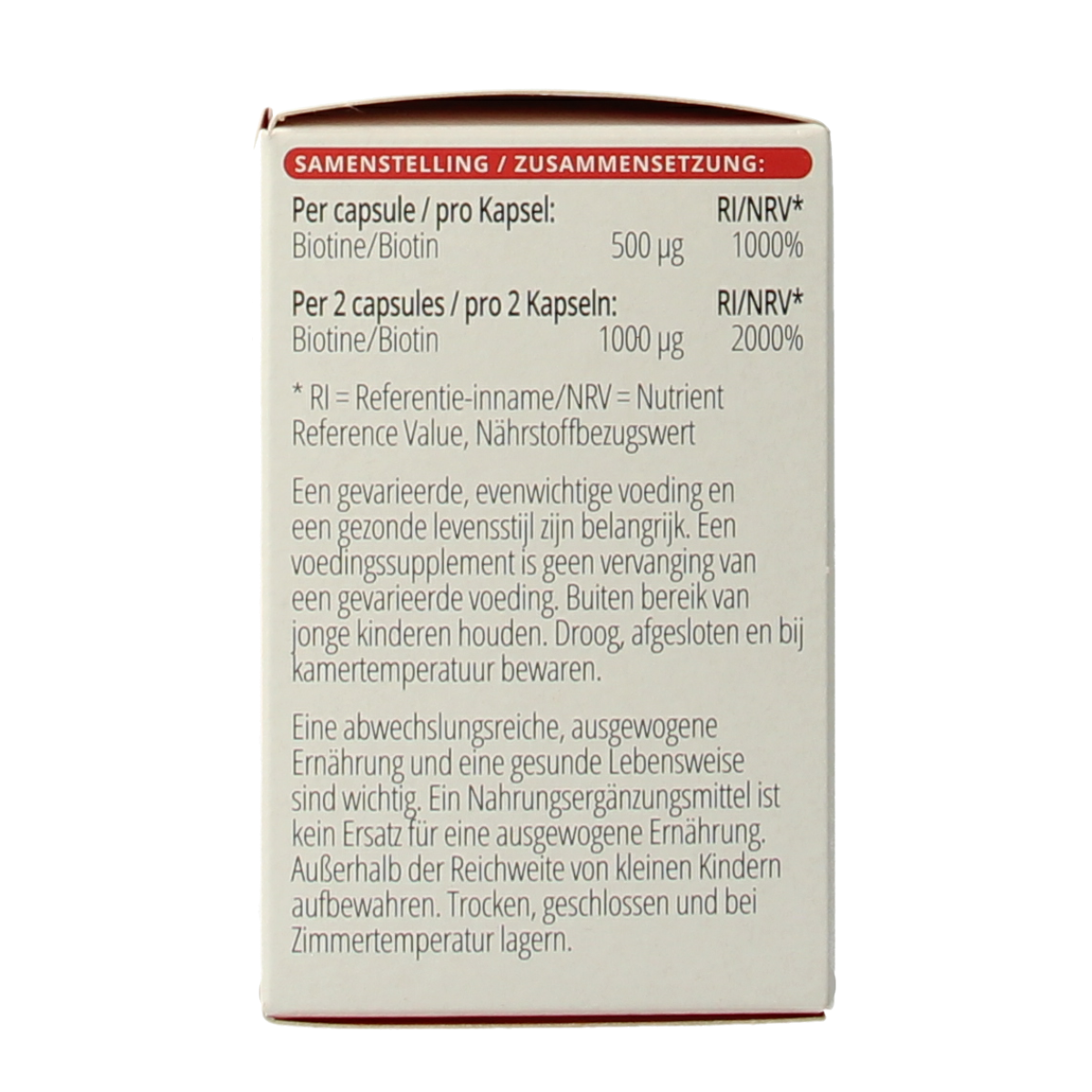 Vitals Biotine 500 mcg vitamin capsules, 100-count bottle, showing the supplement capsules in a clear container.