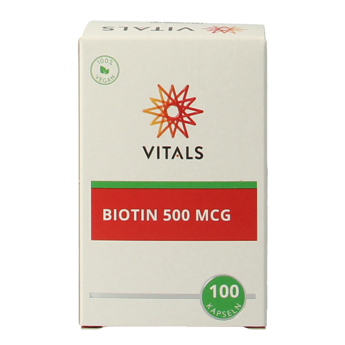 Vitamins Enkel Vitals Biotine 500 mcg bottle with 100 capsules, orange label featuring product details and brand logo.