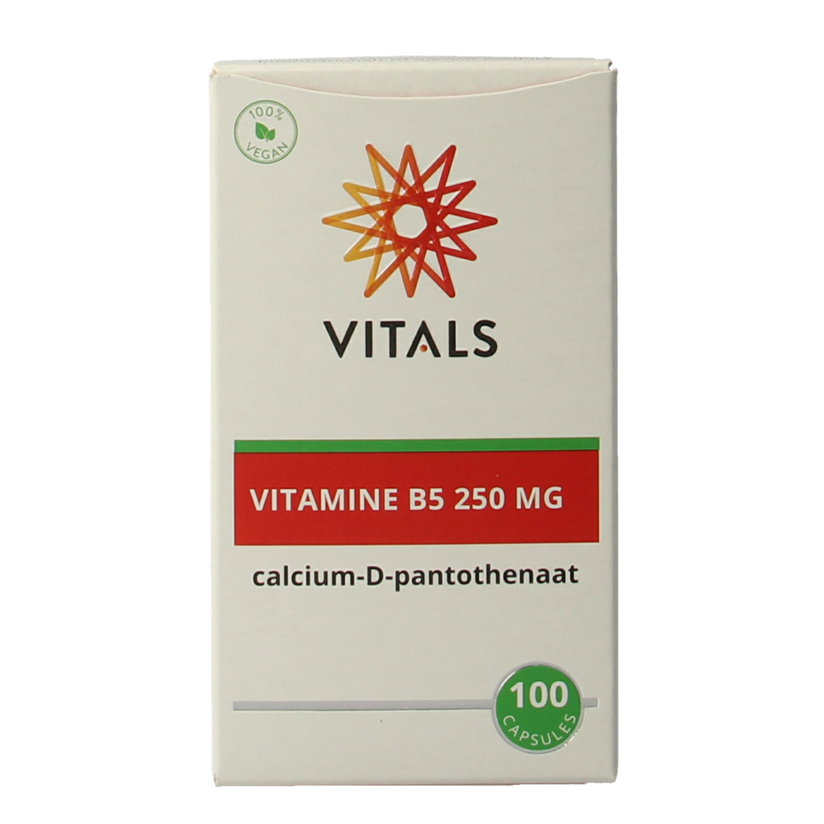 Vitals Vitamine B5 250mg supplement capsules, 100-count bottle, featuring easy-to-swallow vitamin B5 capsules for daily health support.
