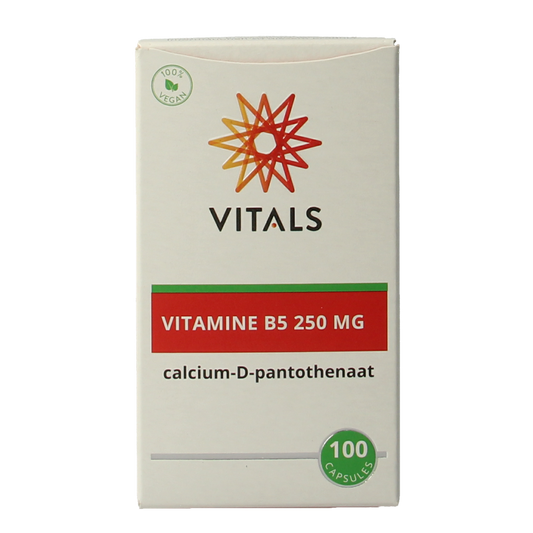 Vitals Vitamine B5 250mg supplement capsules, 100-count bottle, featuring easy-to-swallow vitamin B5 capsules for daily health support.