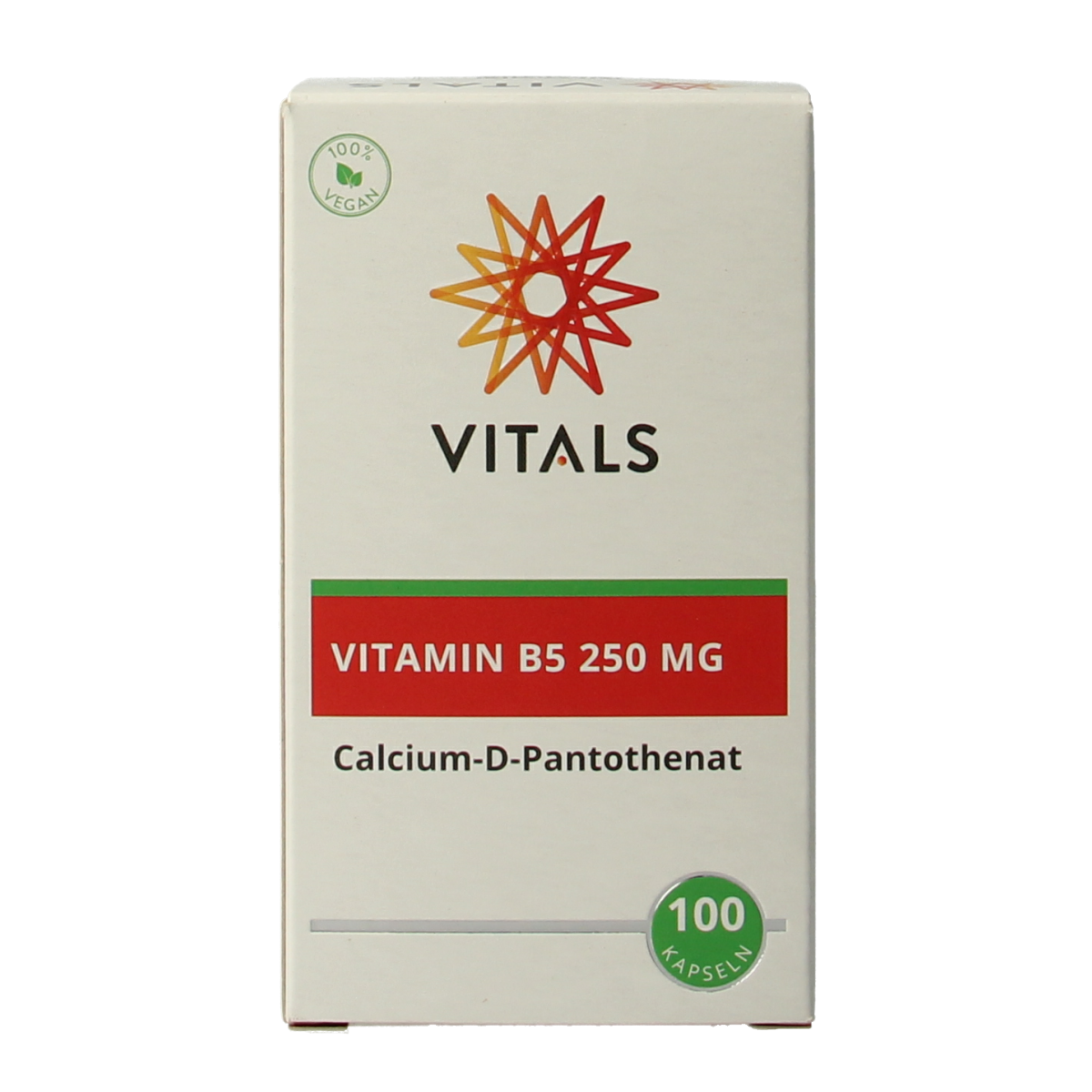Vitals Vitamine B5 250mg capsules, natural dietary supplement in a bottle, designed for supporting energy and skin health.