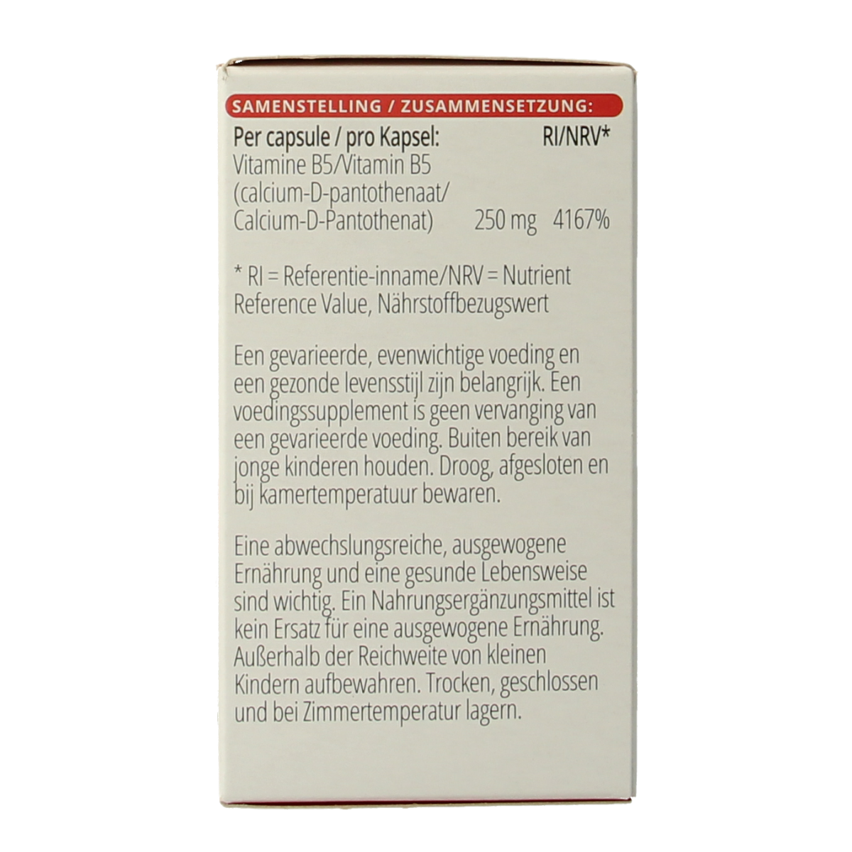 Vitals Vitamine B5 250mg capsules, close-up of 100 capsules in a bottle, showing the supplement's packaging and label.