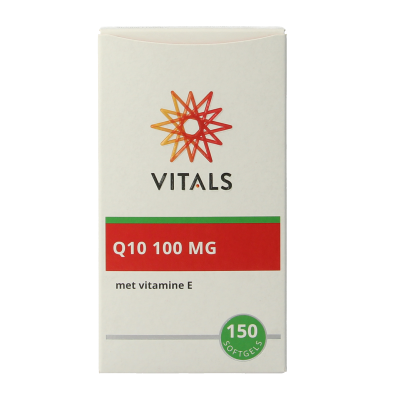 Vital Q10 100 mg softgels by Vitals, showing a bottle of 150 vitamin E capsules with clear label and softgel capsules inside.