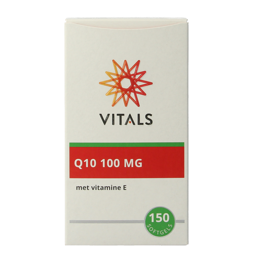 Vital Q10 100 mg softgels by Vitals, showing a bottle of 150 vitamin E capsules with clear label and softgel capsules inside.
