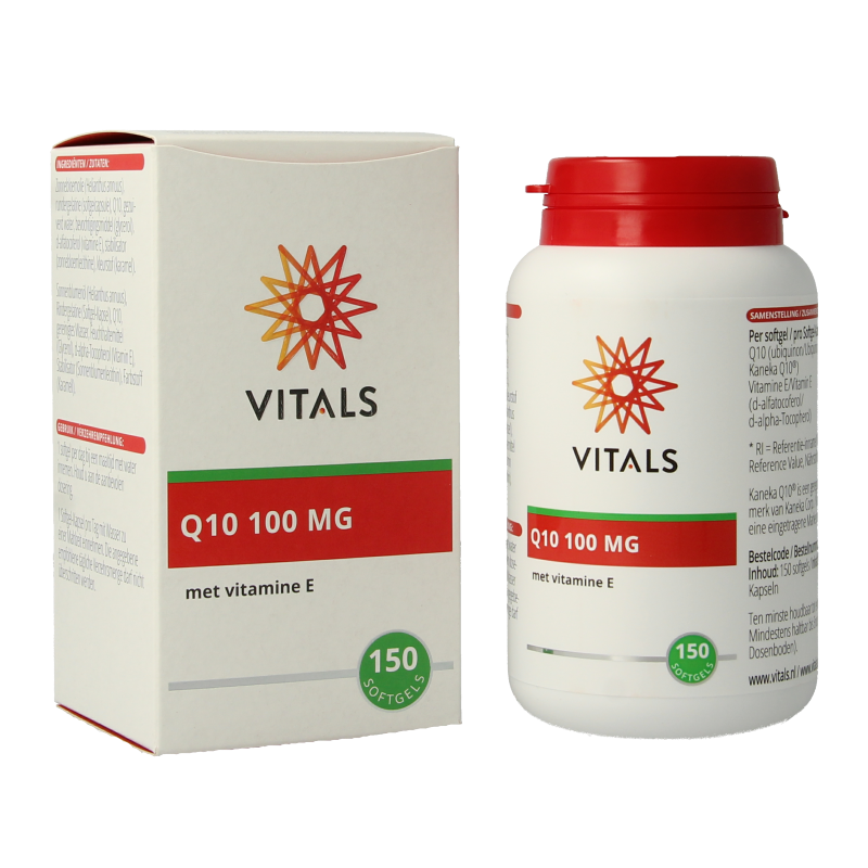 Vitals Q10 100 mg softgels, dietary vitamin supplement from Vitals, shown in a clear close-up image.