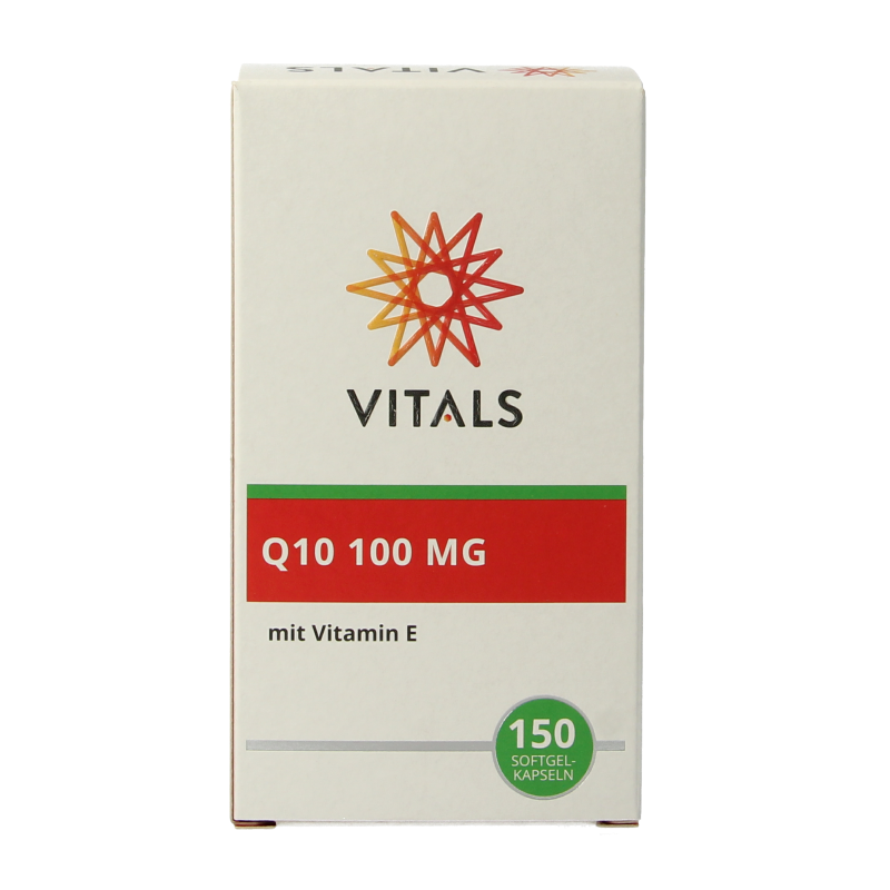 Vitals Q10 100 mg softgels, vitamin supplement bottle with 150 softgel capsules, showcasing the Vitals brand and product label.