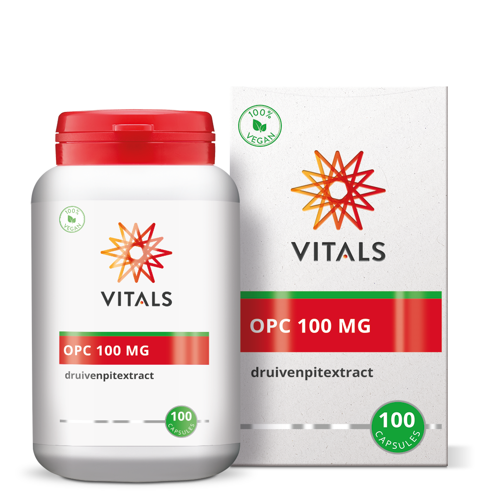 Vitamins and herbal supplement Vitals OPC 100 mg capsules in a bottle, herbal health supplement from Vitals brand