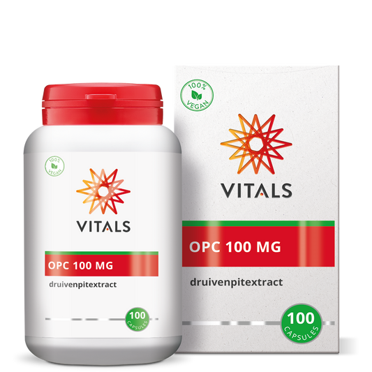 Vitamins and herbal supplement Vitals OPC 100 mg capsules in a bottle, herbal health supplement from Vitals brand