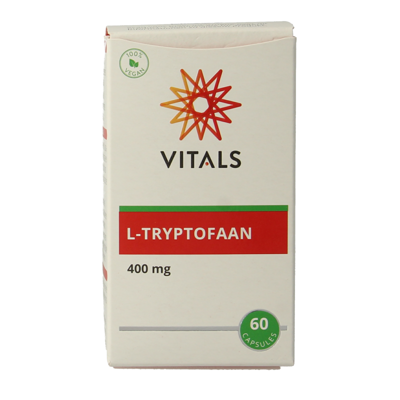 Vitals L-Tryptofaan amino acid capsules in a bottle, dietary supplement for mood and sleep support.