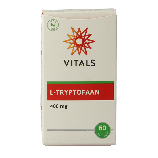 Vitals L-Tryptofaan amino acid capsules in a bottle, dietary supplement for mood and sleep support.