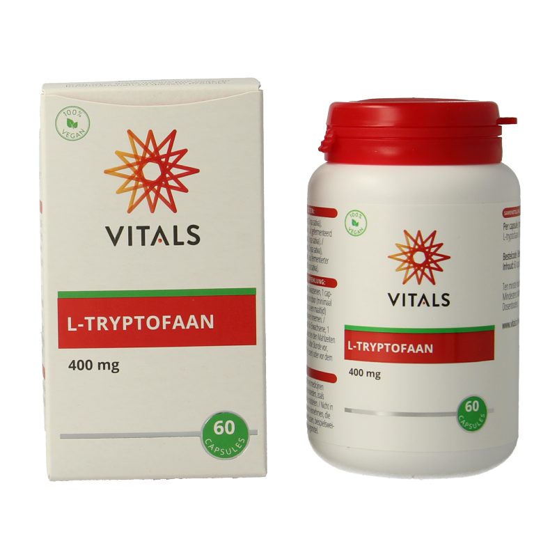 Vitals L-Tryptofaan amino acid capsules in a bottle, dietary supplement for mood and sleep support.