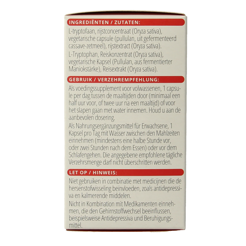 Vitals L-Tryptofaan amino acid capsules in a clear bottle, showing 60 capsules for supporting mood and relaxation.