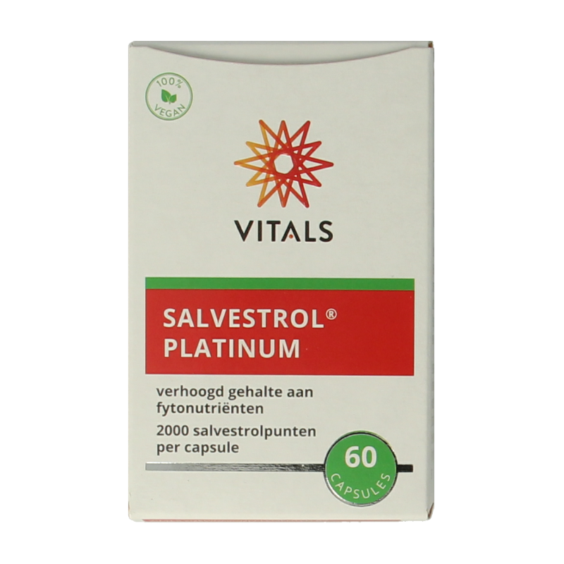 Vitals Salvestrol Platinum herbal supplement capsules in a container, designed for supporting health with natural remedies.