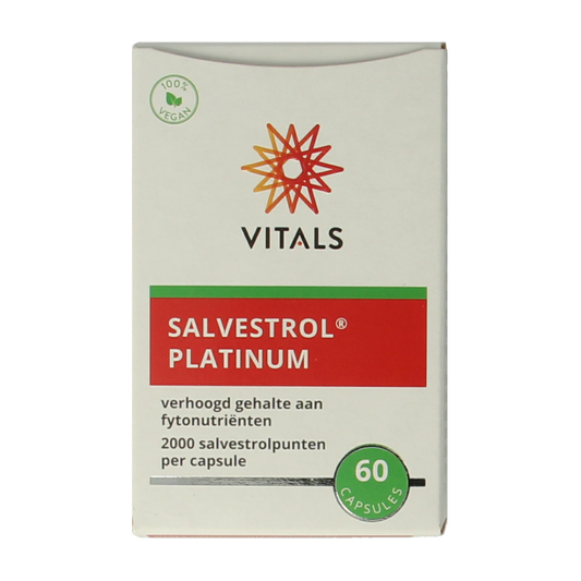 Vitals Salvestrol Platinum herbal supplement capsules in a container, designed for supporting health with natural remedies.