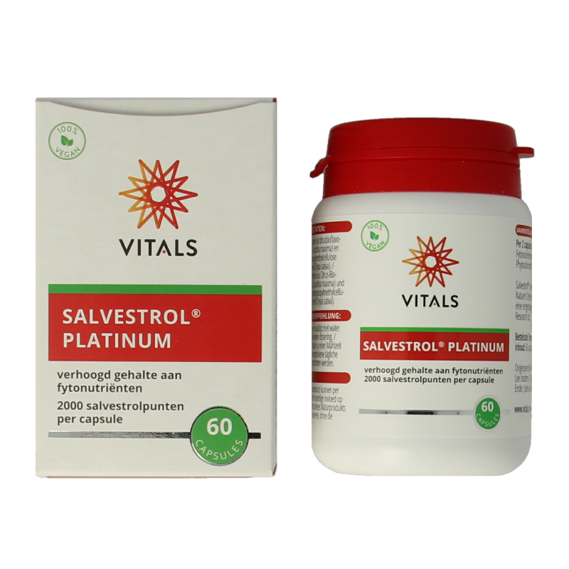 Vitals Salvestrol Platinum 60 capsules, herbal supplement, featuring a bottle of capsules with label and natural ingredients.