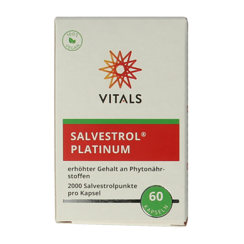 Vitamins and herbal supplement Vitals Salvestrol Platinum 60 capsules in a white bottle with label showing product details.