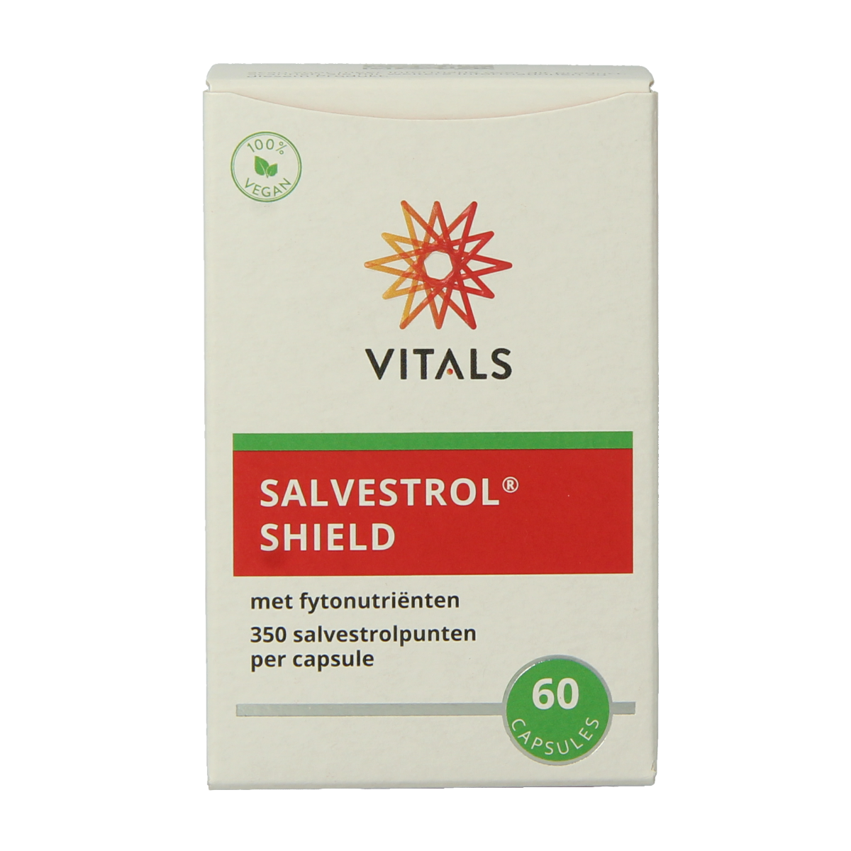 Vitals Salvestrol Shield herbal supplement capsules in a bottle, part of Vitals Kruidenpreparaten product line.