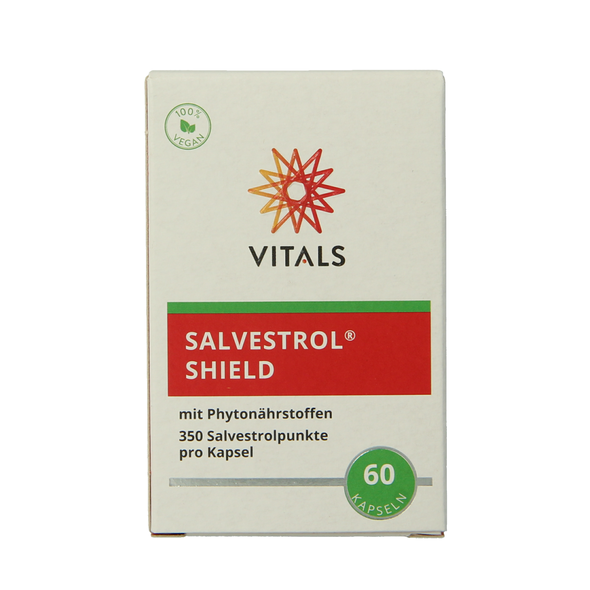 Vitals Salvestrol Shield herbal supplement capsules in a bottle, part of Vitals' kruidpreparaten line.