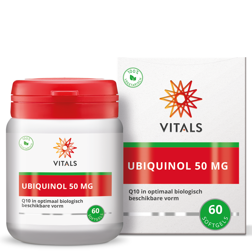Vitals Ubiquinol 50mg softgels bottle, dietary supplement for energy support, with 60 softgels in the container.