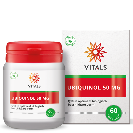 Vitals Ubiquinol 50mg softgels bottle, dietary supplement for energy support, with 60 softgels in the container.