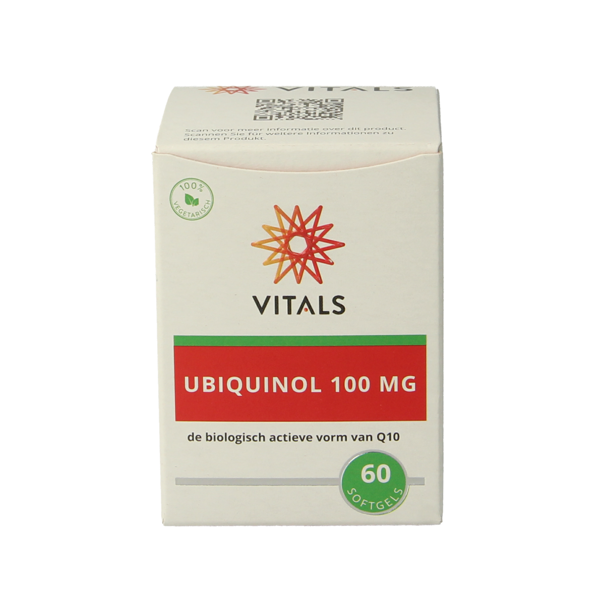 Vitals Ubiquinol 100 mg softgels supplement bottle with 60 capsules, designed to support energy and antioxidant health.