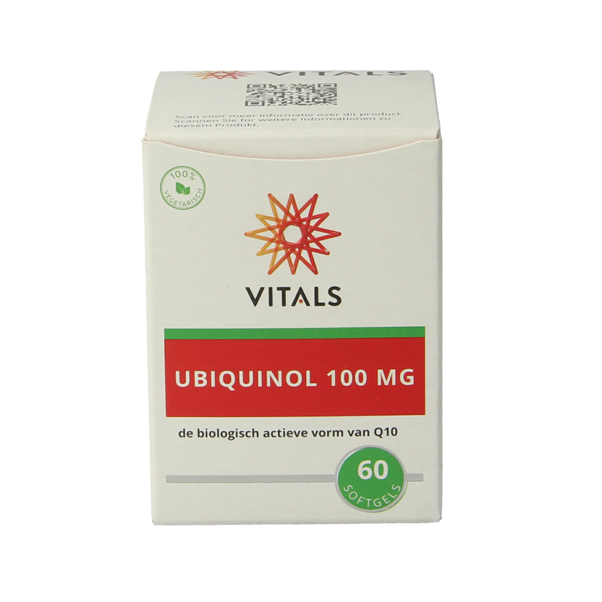 Vitals Ubiquinol 100 mg softgels bottle, dietary supplement for energy support, with 60 softgels in the package.