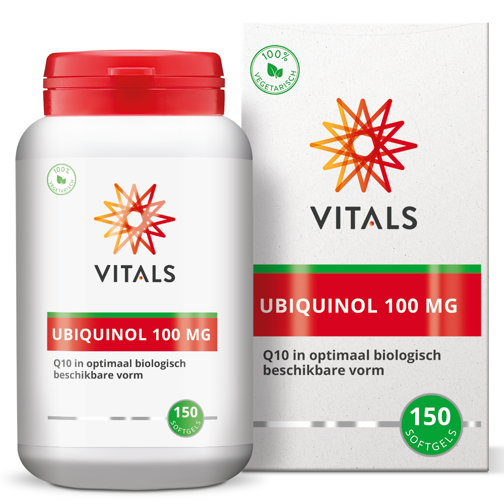 Vitals Ubiquinol 100 mg softgels, dietary supplement with 150 softgel capsules for energy support and antioxidant benefits.